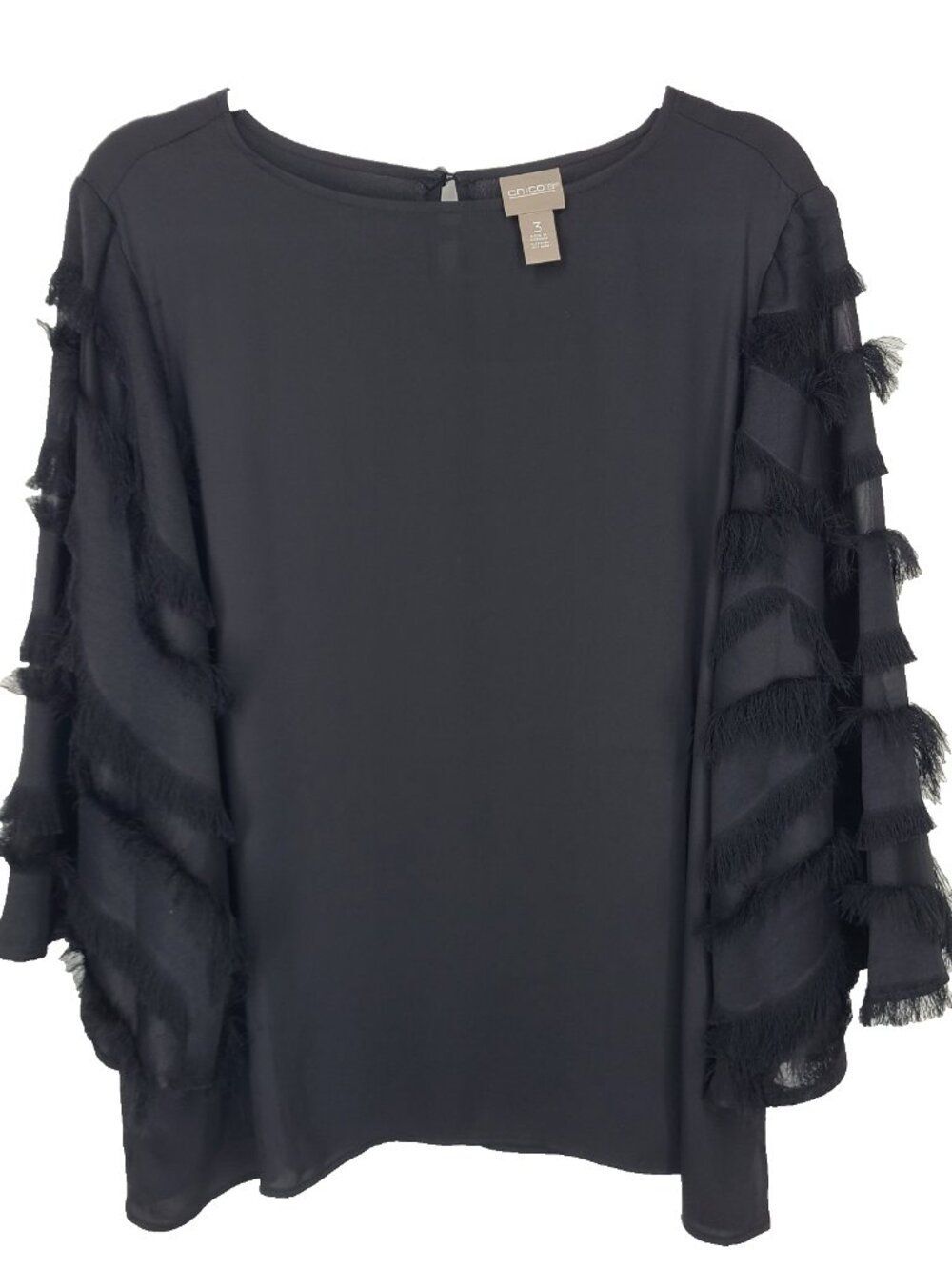 Chicos Fringe Bell Sleeve Top Size 3 (XL) Boat Neck Chiffon Black Blouse